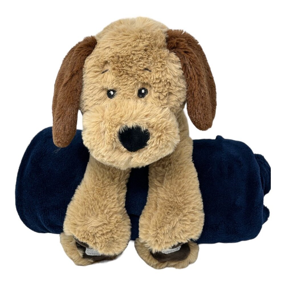 Soft Plush Puppy Dog Fleece Blanket Tan Brown Blue Lovey Lovie Stuffed Animal